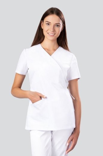  Bluza medyczna wiązana, 2 kieszenie, fason kimonowy, Uniformix Select, SE1000, biała. 