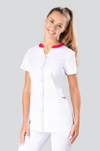  Żakiet medyczny damski, 4 kieszenie, Uniformix Select, SE2024, biały z amarantowymi dodatkami .